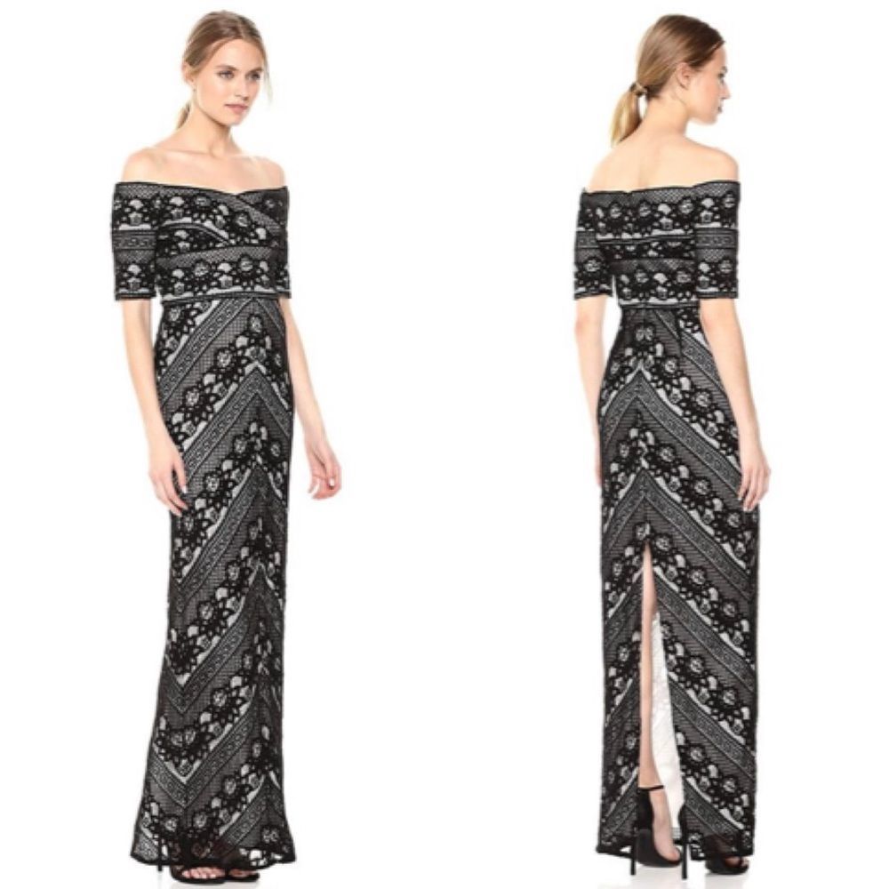 Adrianna Papell Black Off Shoulder Stripe Lace Column Gown Formal Dress 8